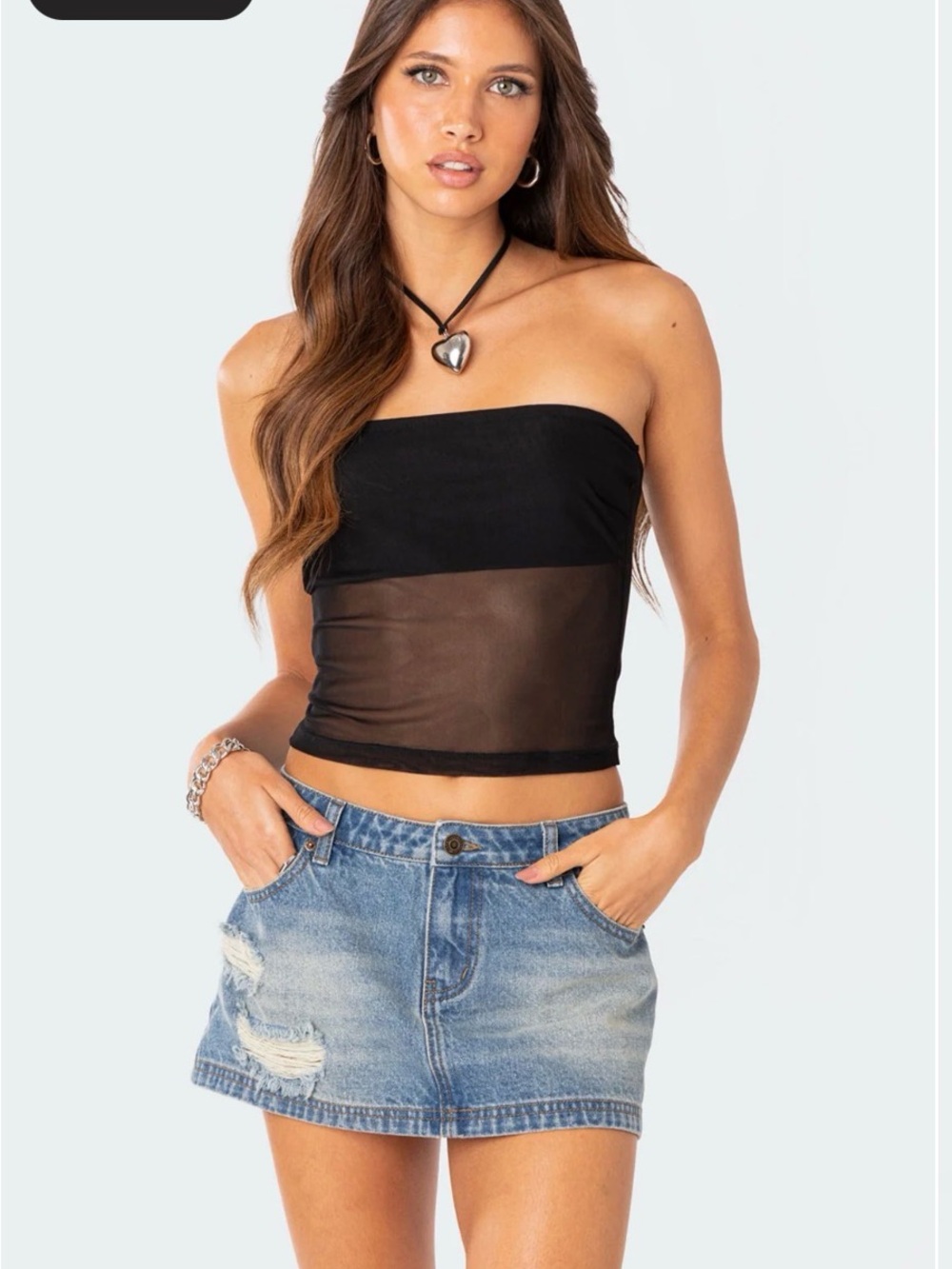 Edikted Black Strapless Mesh Panel Crop Top